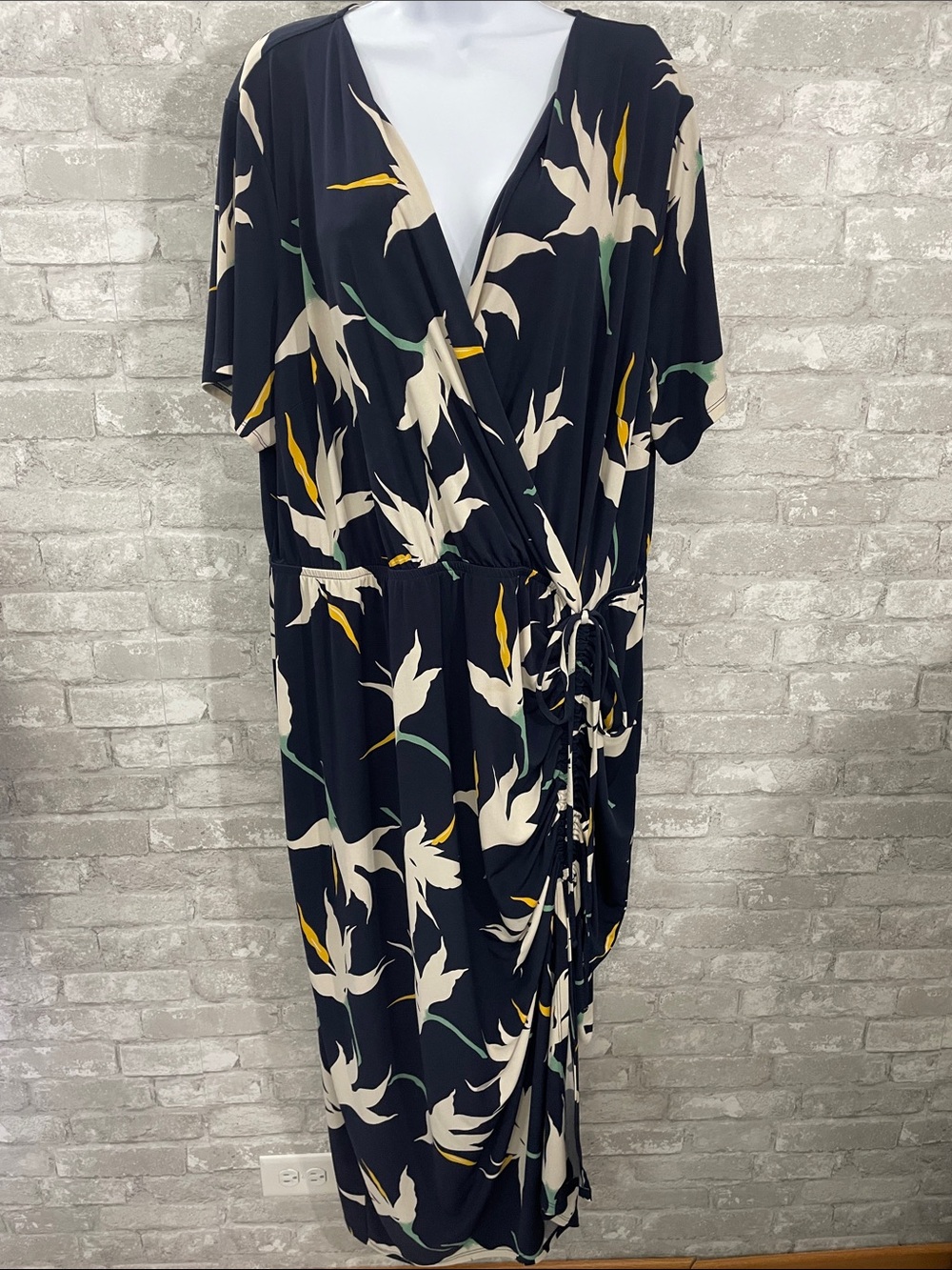 Lane Bryant Navy Faux-Wrap Midi Dress with Cream Floral and Yellow Accents